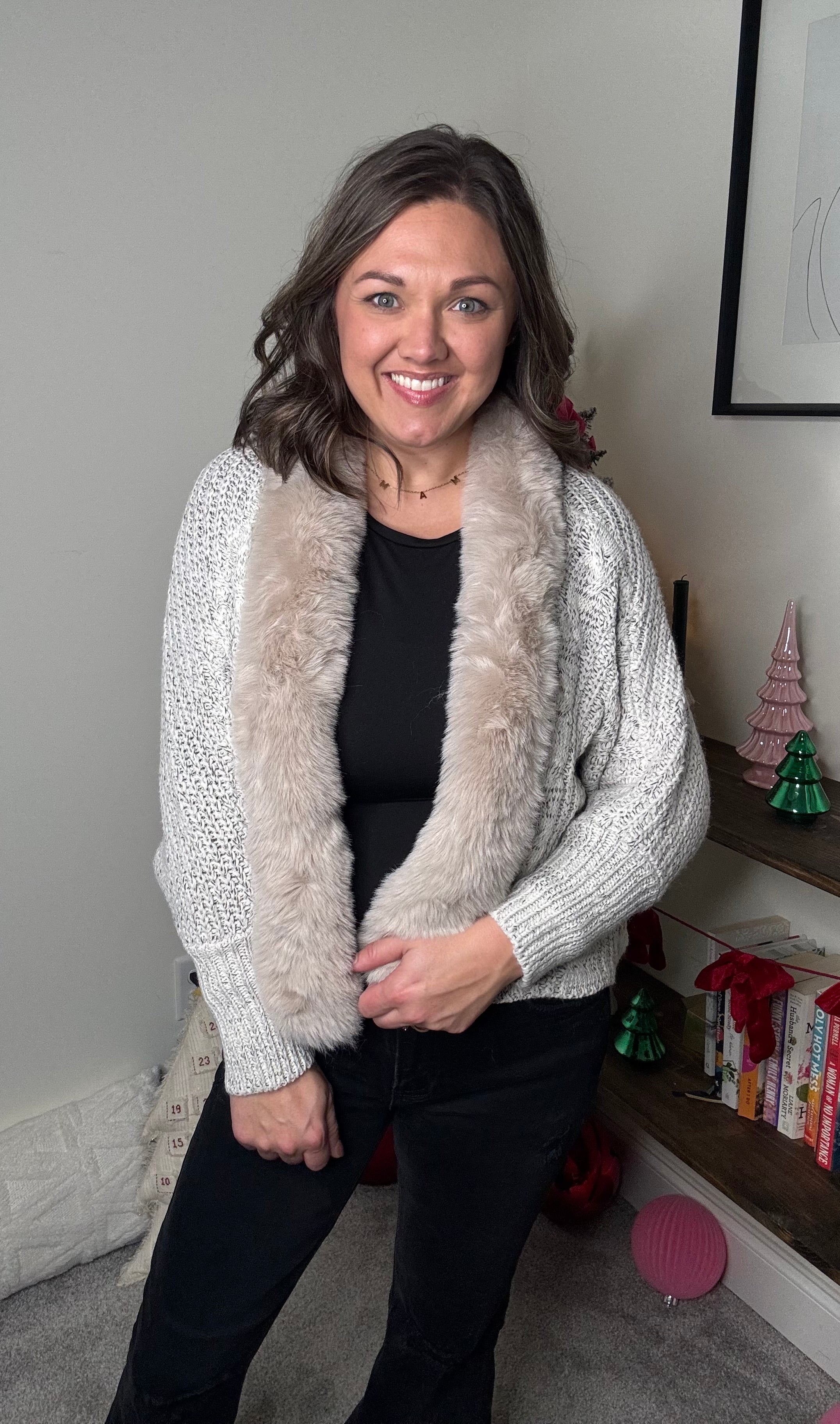 Frosted Faux Fur Collar Cardigan