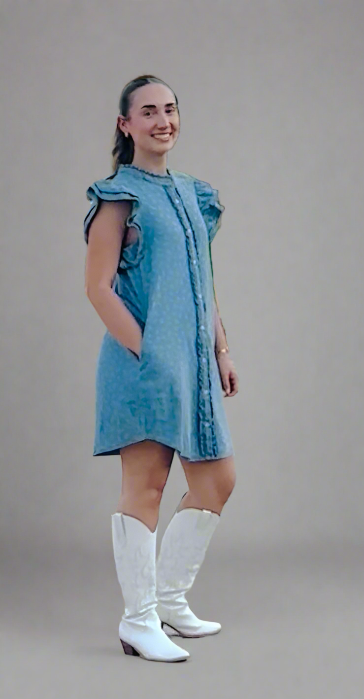 Floral Denim Flutter Sleeve Dress