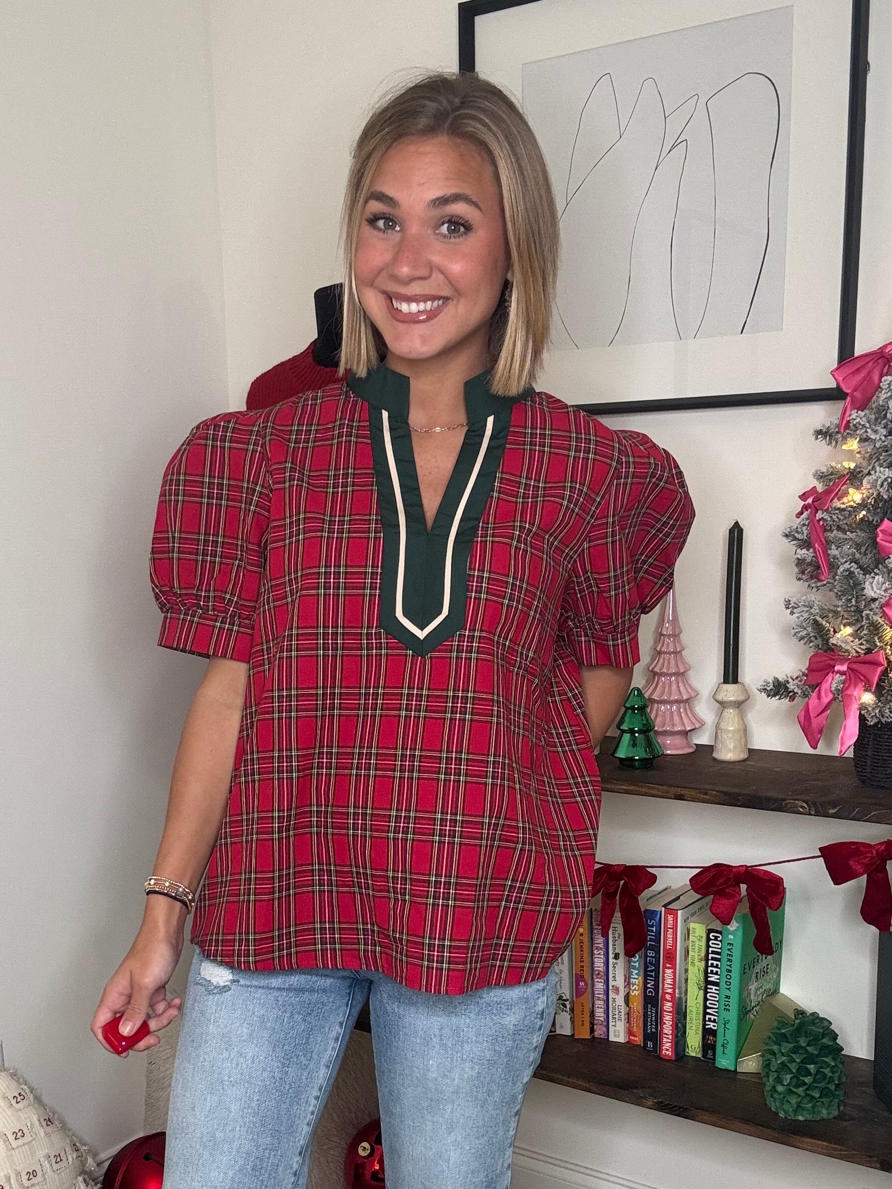 Rachel Puff Sleeve Blouse with Contrast Collar