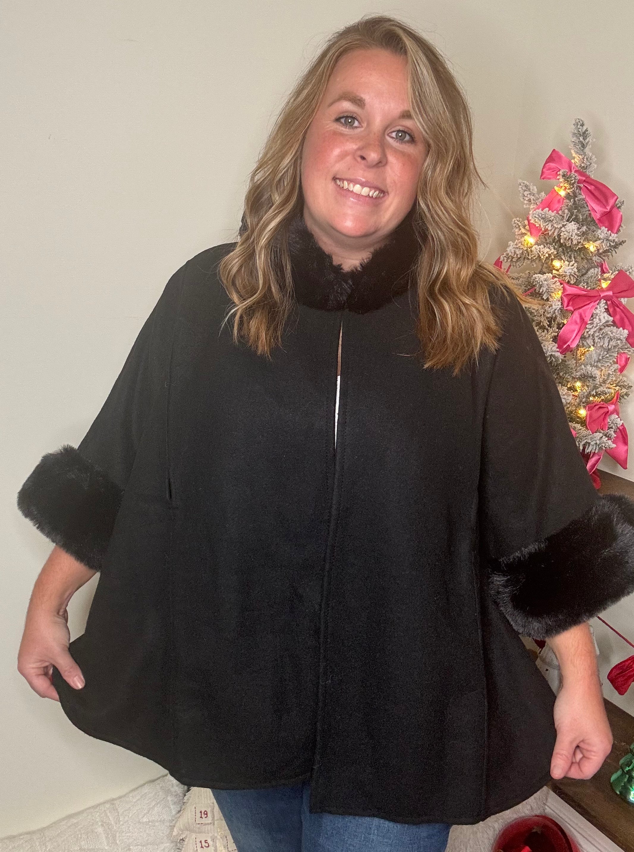 Black Fur Lined Poncho DOORBUSTER