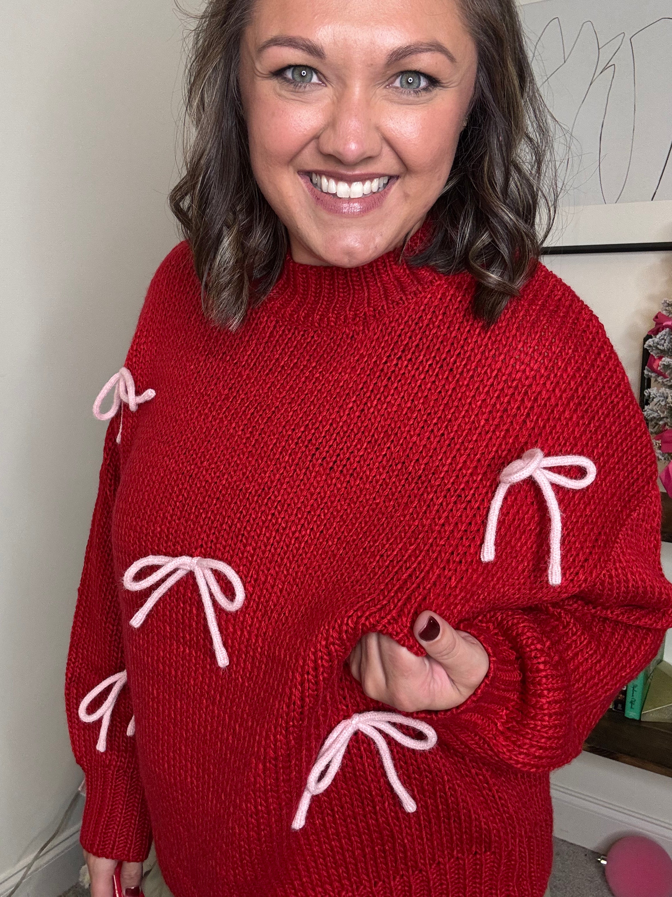 Red Sweater with Yarn Bows