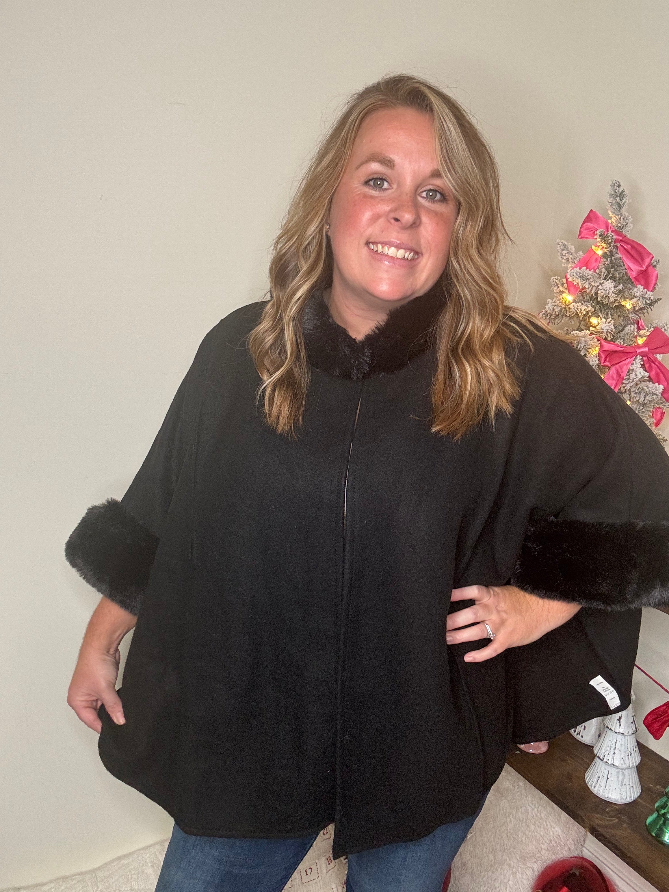 Black Fur Lined Poncho DOORBUSTER
