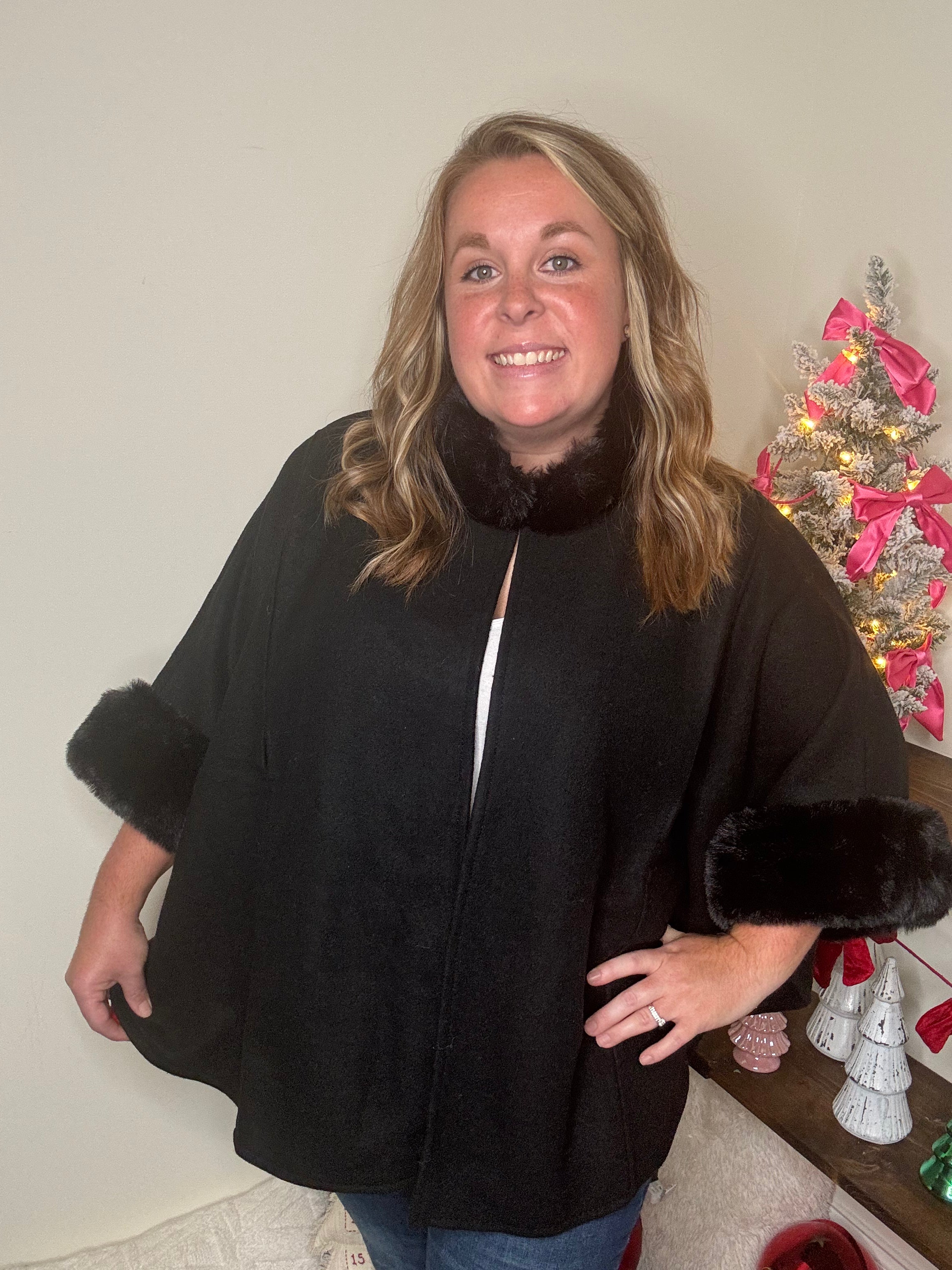 Black Fur Lined Poncho DOORBUSTER
