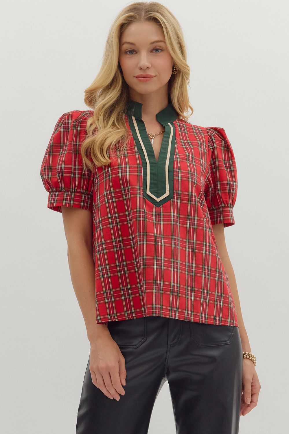 Rachel Puff Sleeve Blouse with Contrast Collar
