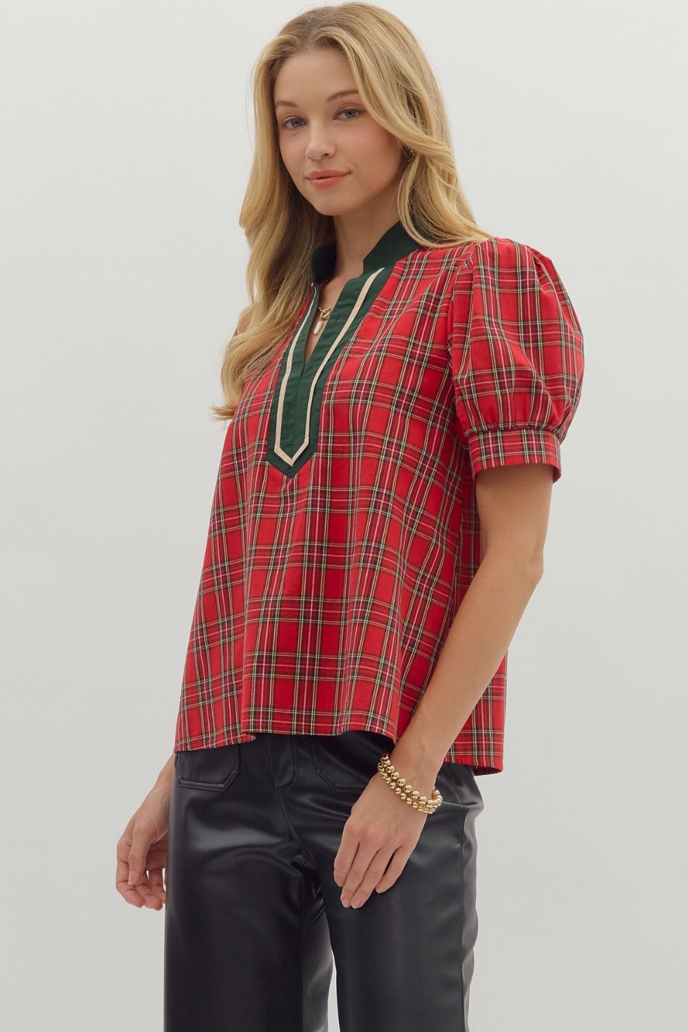 Rachel Puff Sleeve Blouse with Contrast Collar