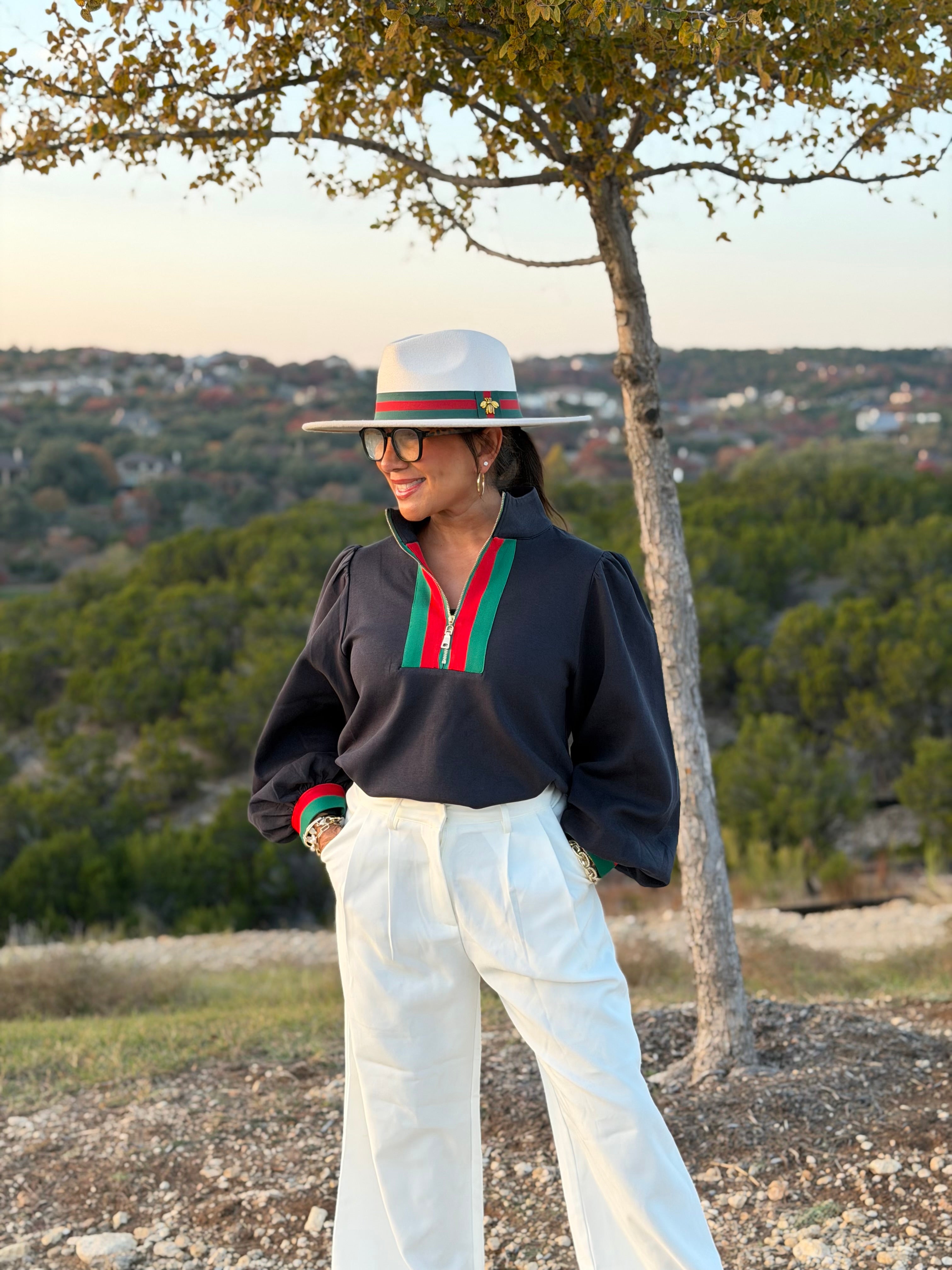 Puff Sleeve Top with Gold Zipper Detail