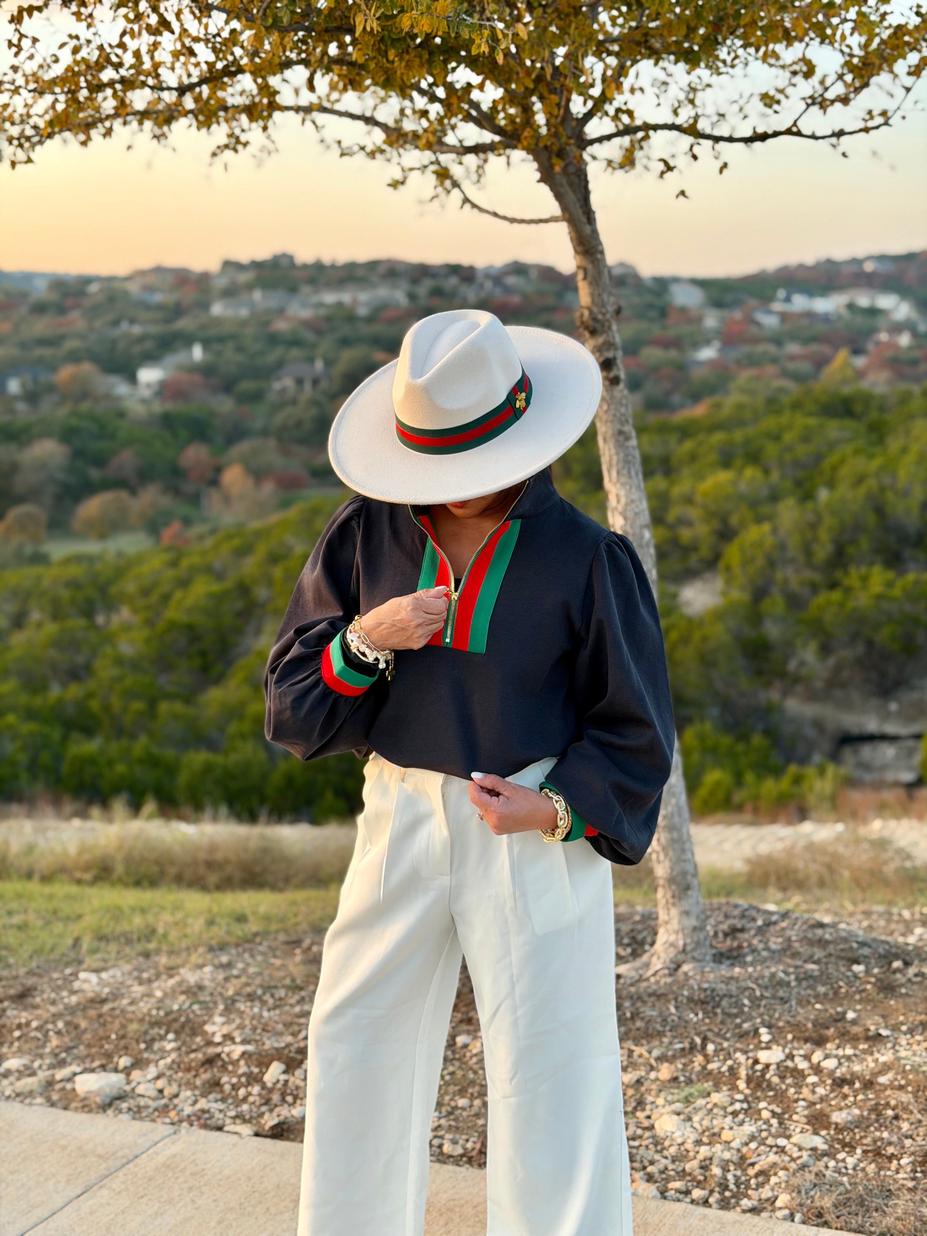 Puff Sleeve Top with Gold Zipper Detail