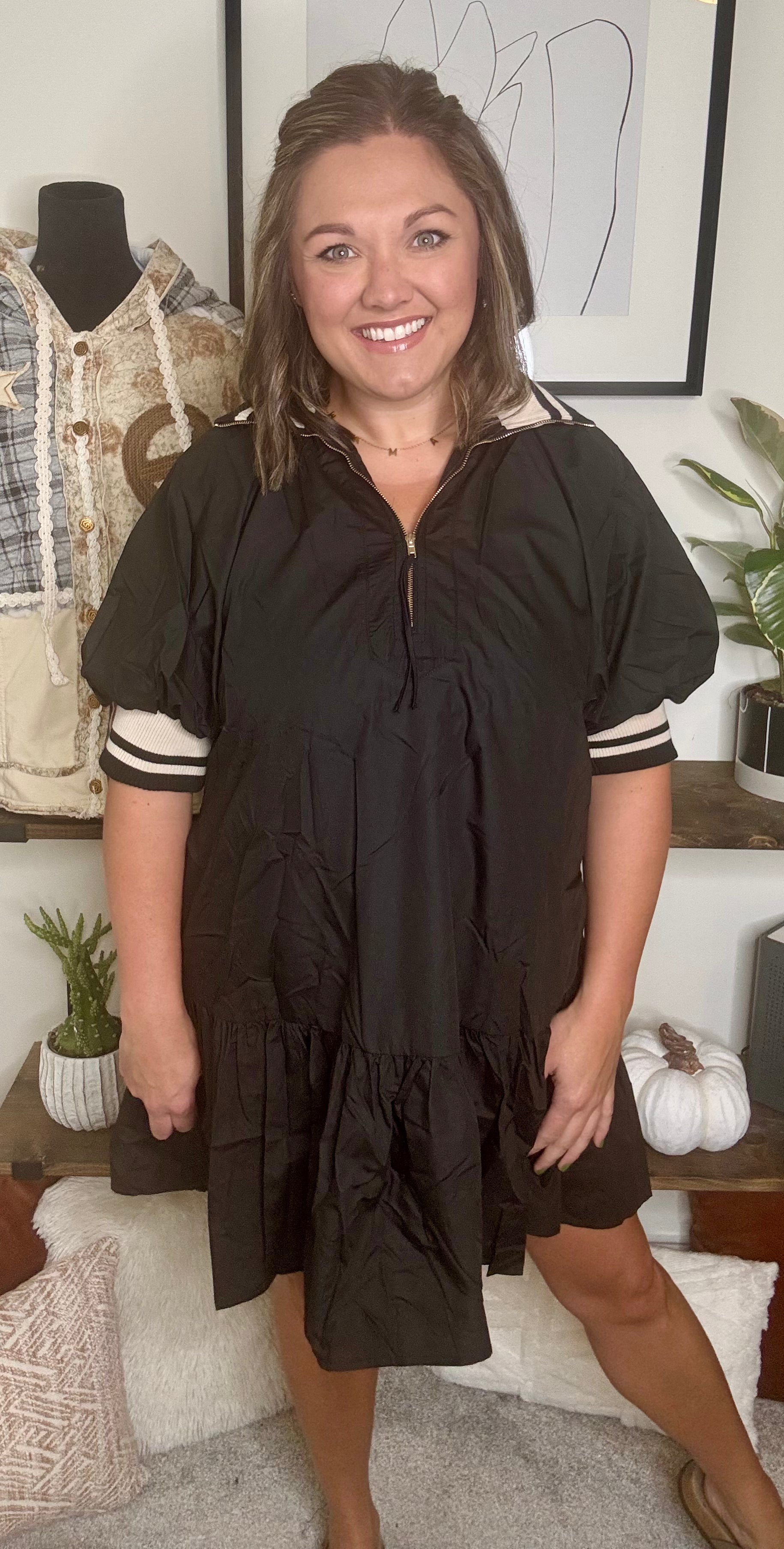 Beatrice Zip-Up, Ruffle, Black Dress
