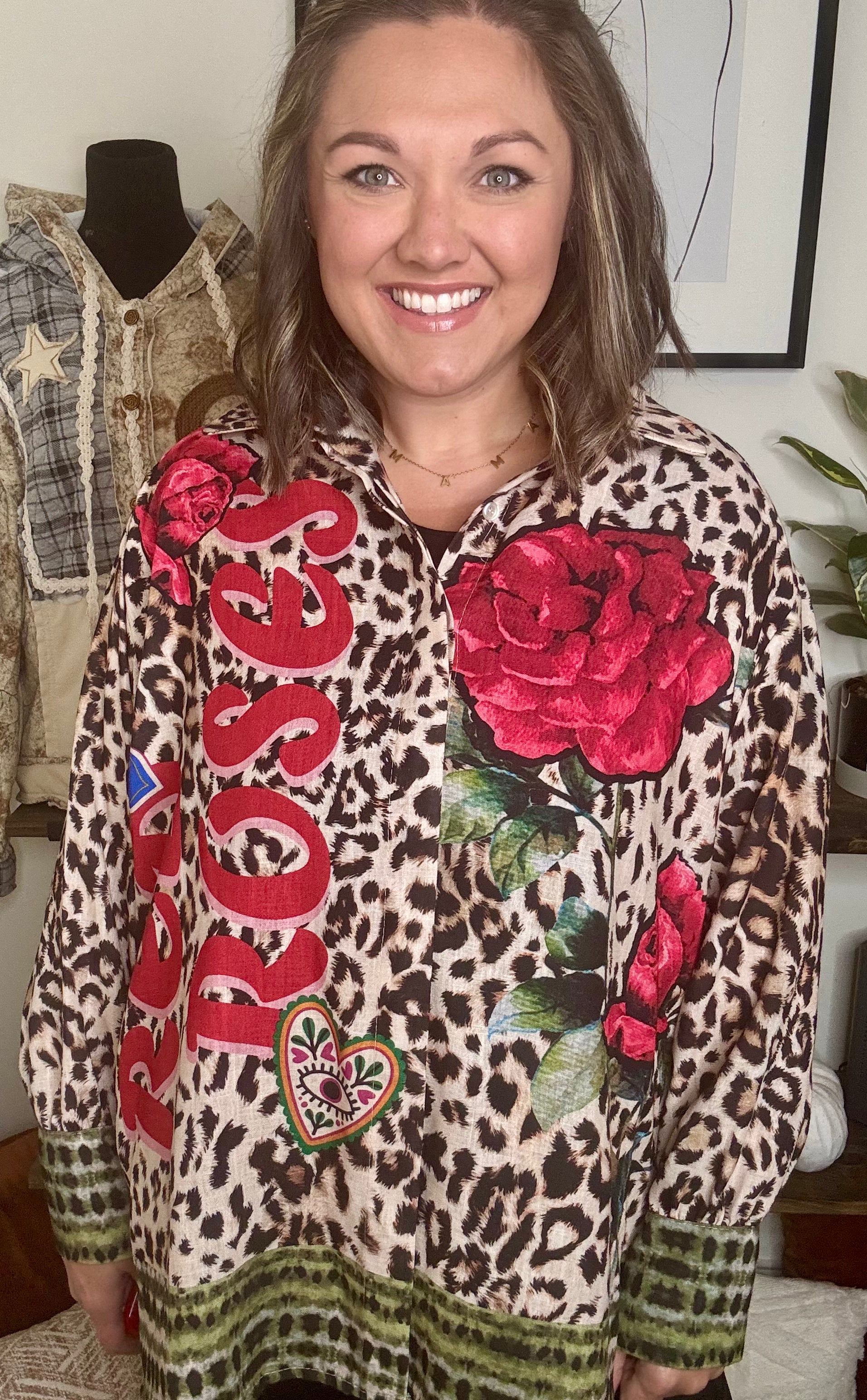 Italian “Red Roses” Leopard Print Tunic Top