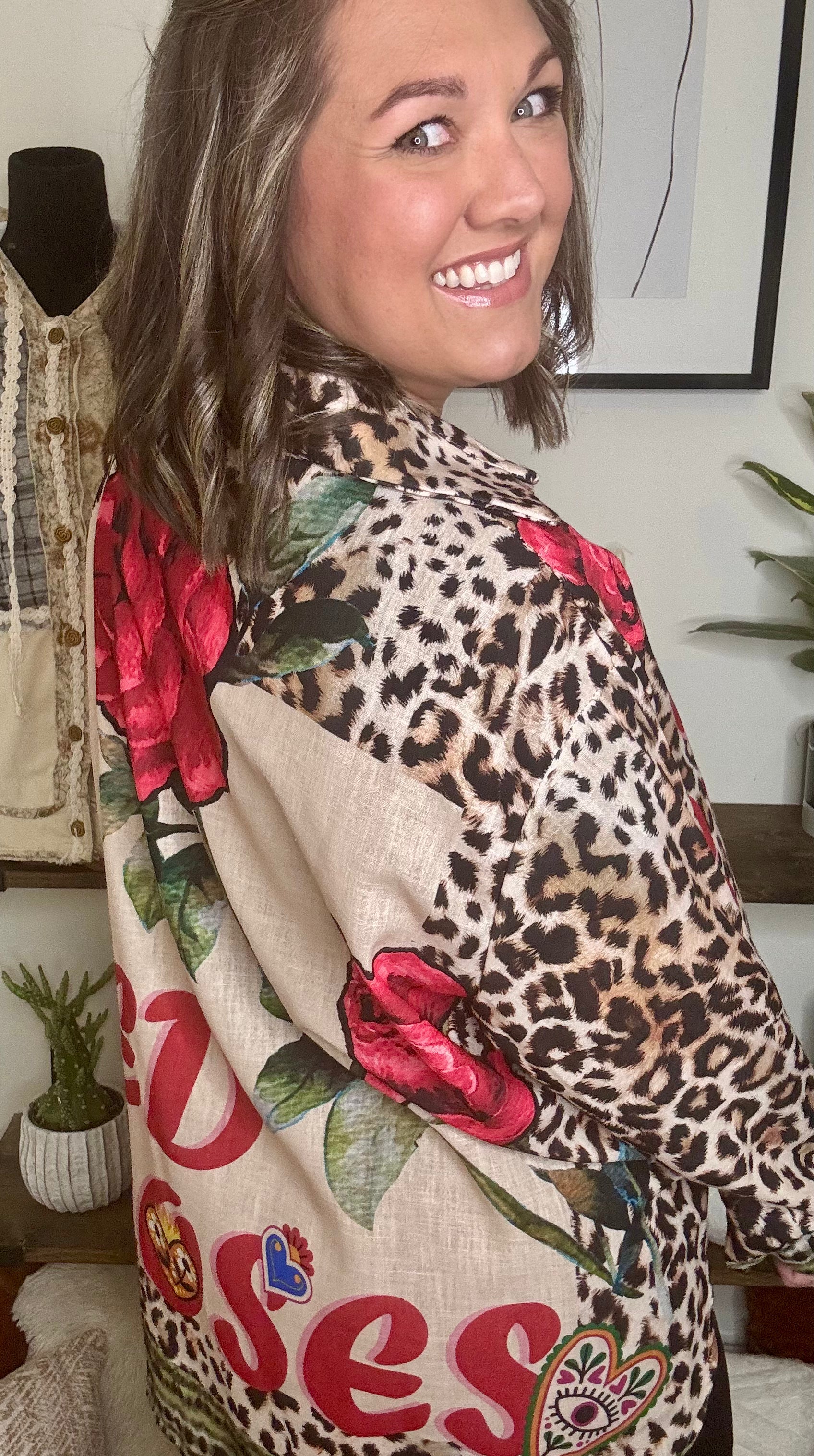 Italian “Red Roses” Leopard Print Tunic Top