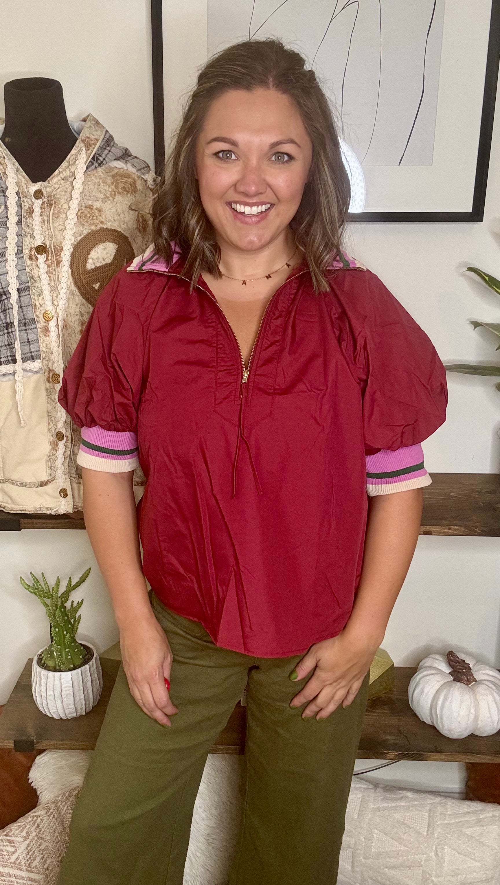 Esme Maroon Half-Zip Puff Sleeve Top
