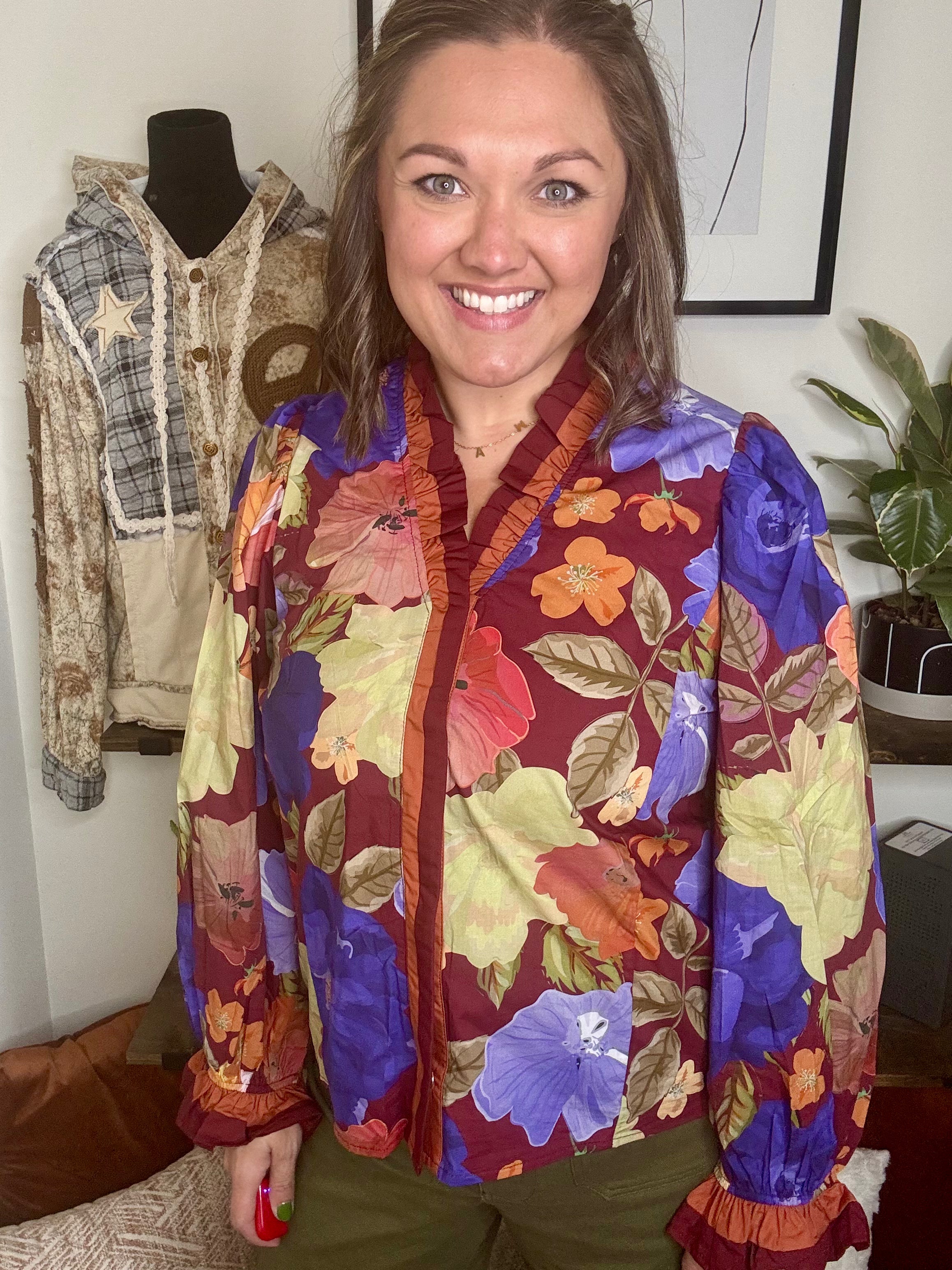 Jewel Blouse with Ruffle Trim