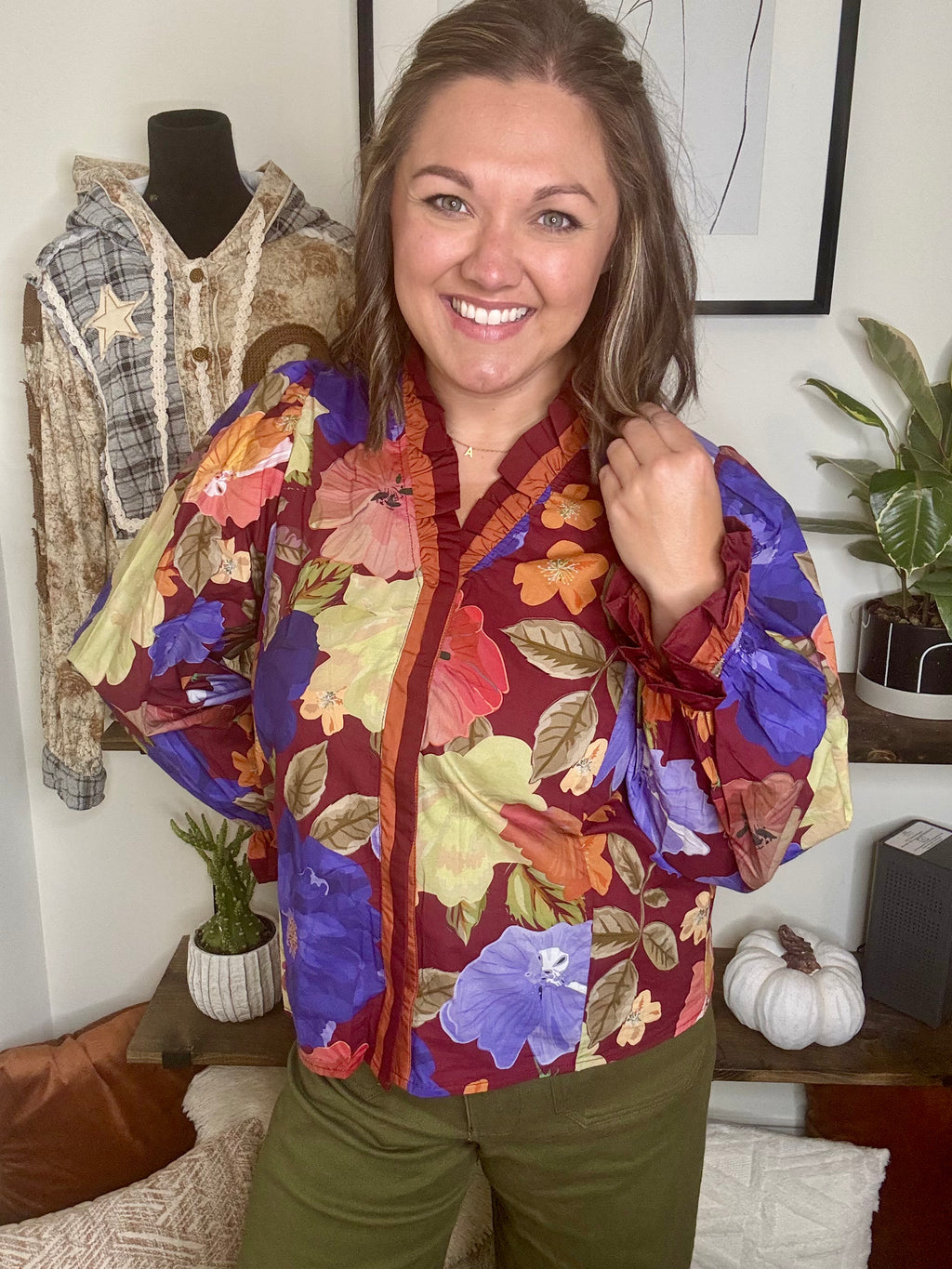 Jewel Blouse with Ruffle Trim