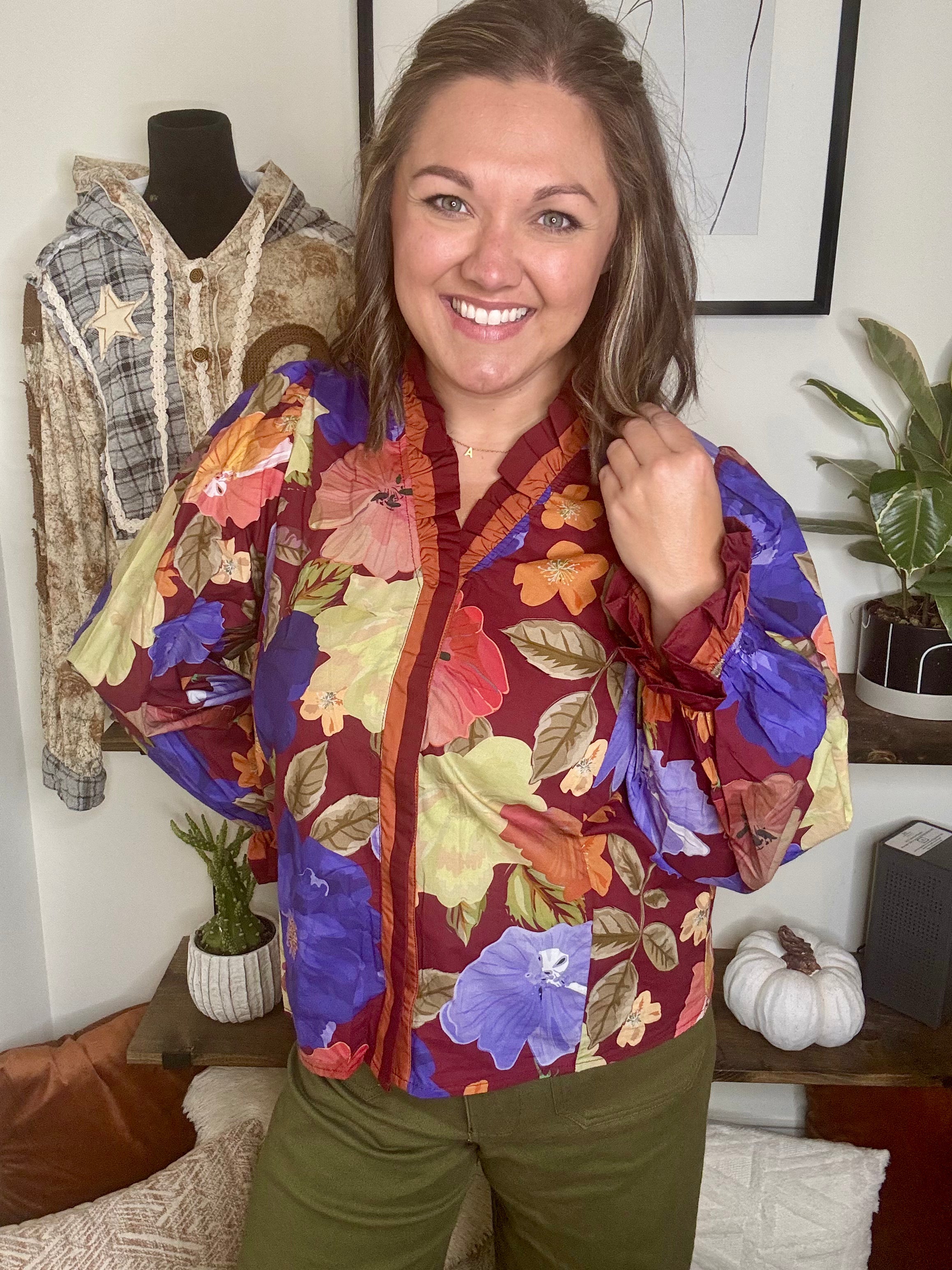 Jewel Blouse with Ruffle Trim